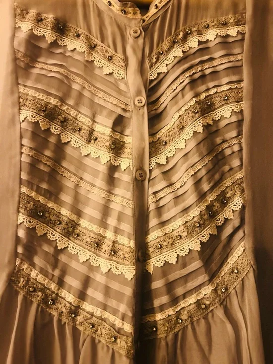 Light Blue Lace-Trim Button-Up Womens Blouse - Picture 2 of 11